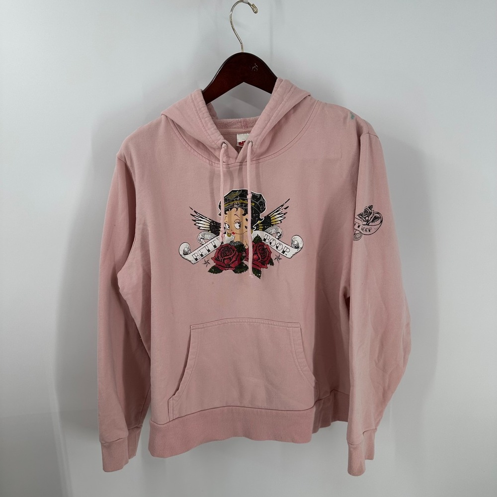 Betty Boop Tattoo-Style Artwork Roses Graphic Pullover Hoodie Pink‎ Size XL(18)